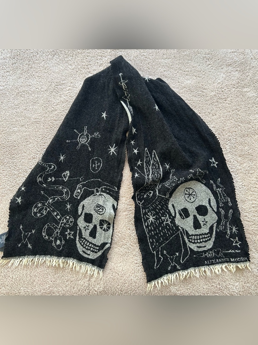 Alexander McQueen Black Wool Scarf with Skull & Rabbit Motif